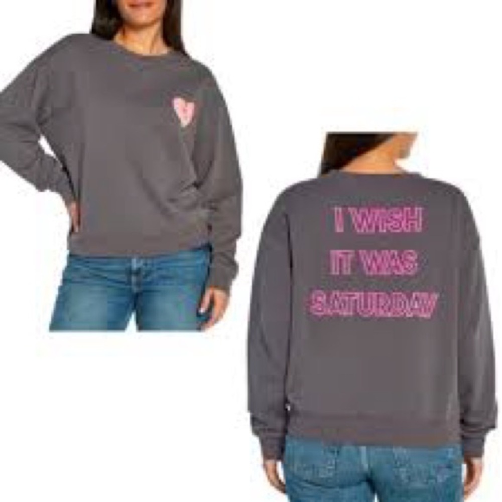 Wildfox gray & pink puffy heart I Wish It Was Saturday sweatshirt, large.